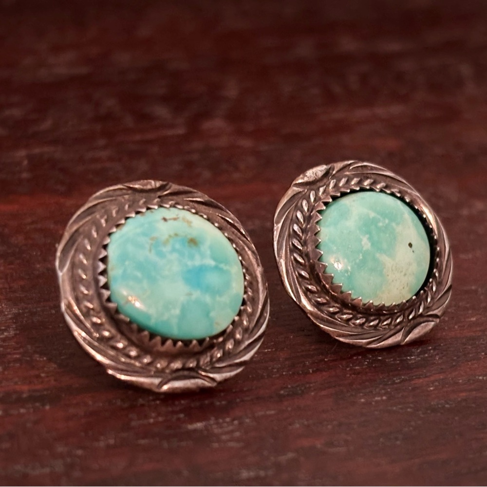 Vintage Sterling Silver Framed Round Larimar Stud Earrings Fred Harvey Era EUC